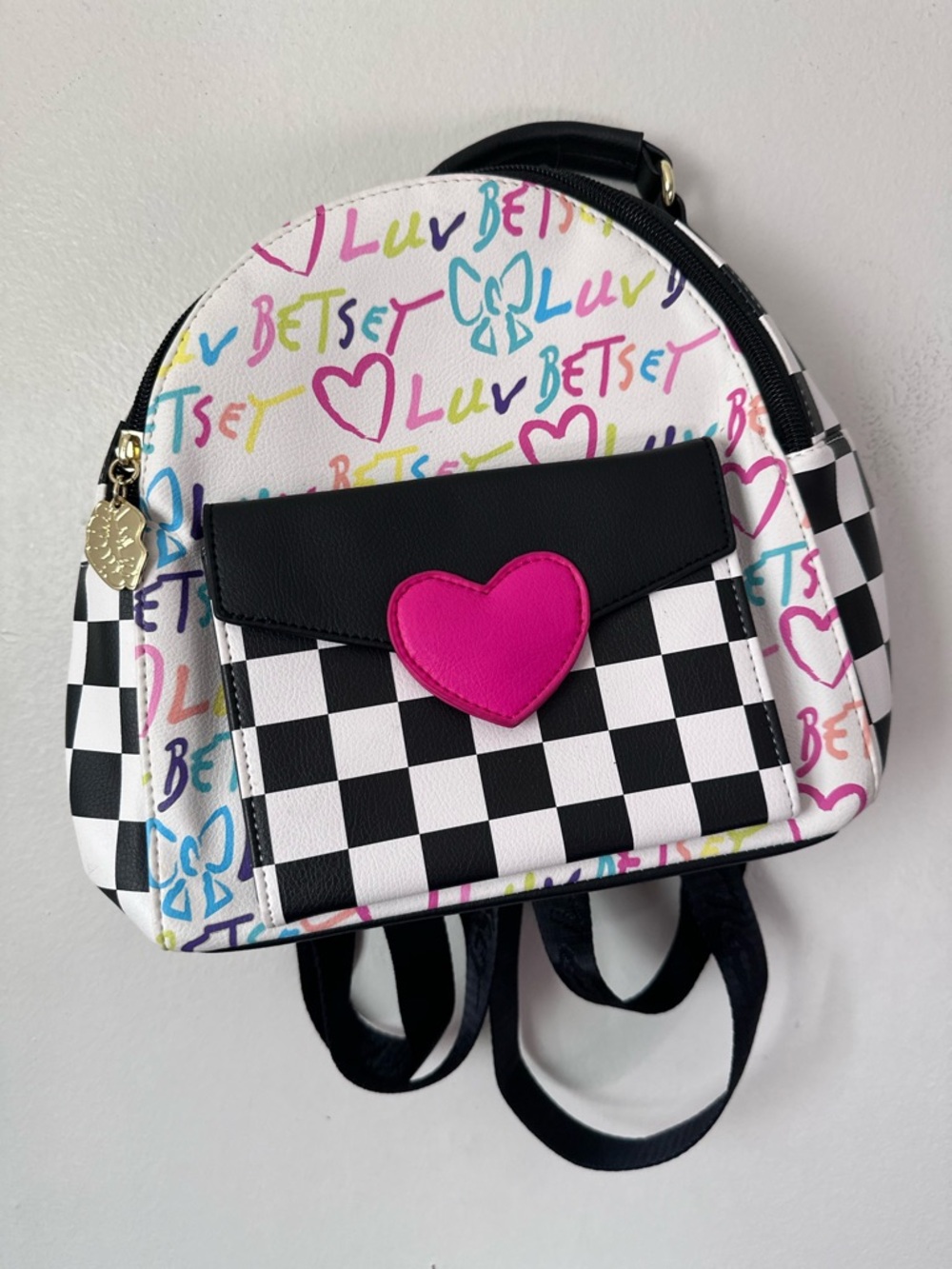 Betsey Johnson White Checkerboard Mini Backpack with Pink Heart